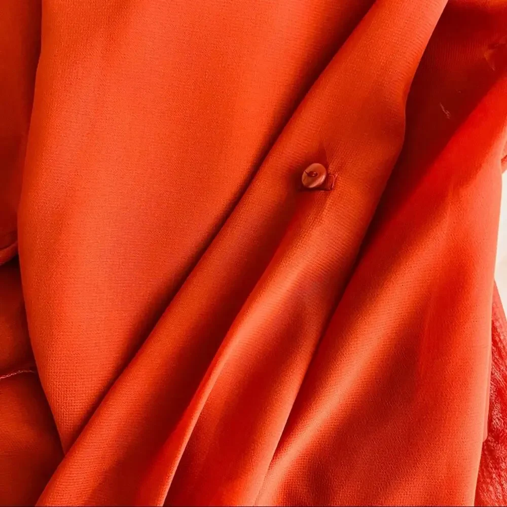 NEW Simply Noelle orange semi sheer chiffon button front pleat office top large - Picture 8 of 10